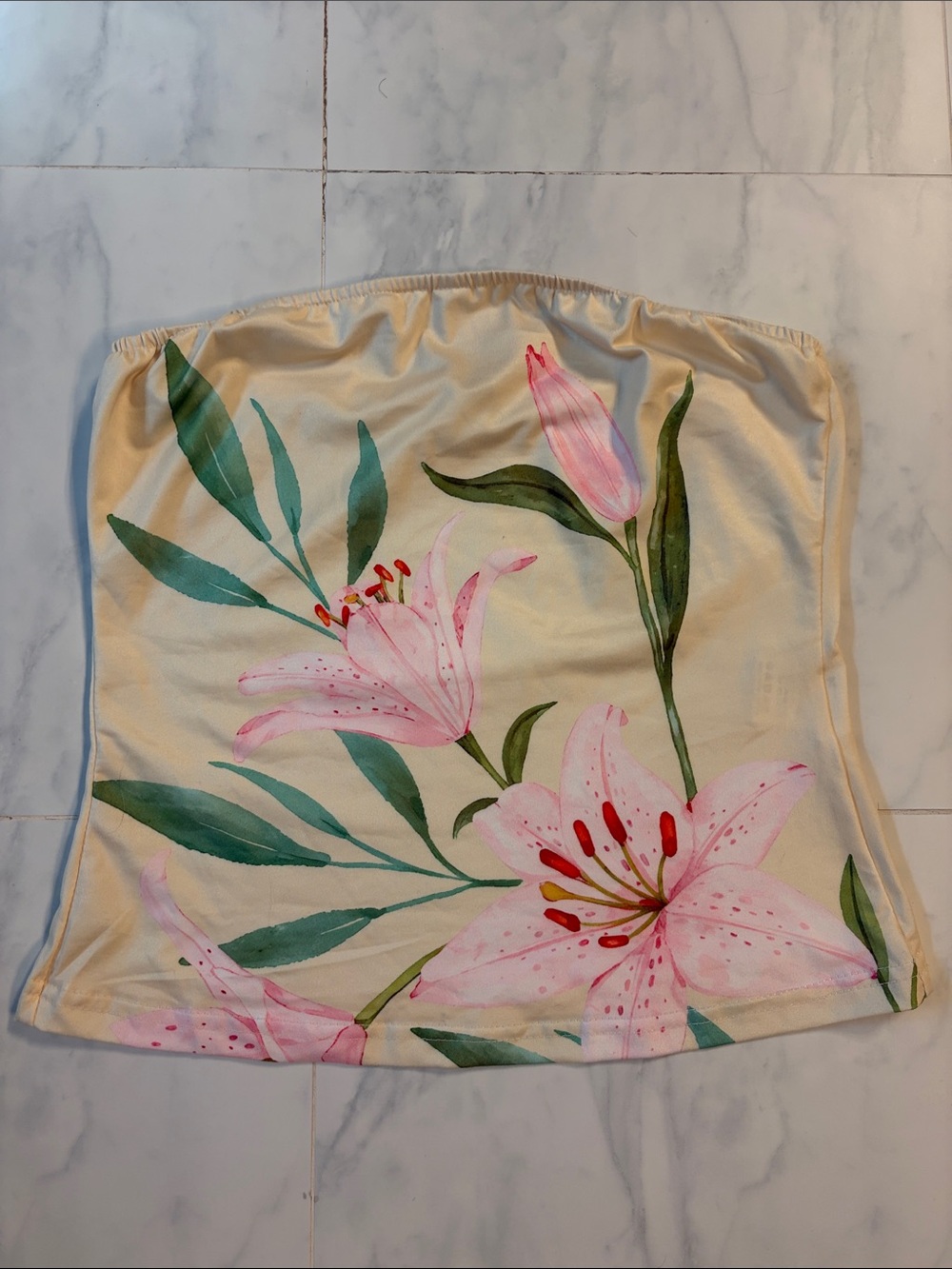 SHEIN Cream Strapless Tube Top with Floral Trim